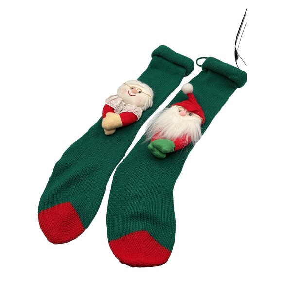 Vtg 22" Knit Christmas Stockings Santa & Mrs. Claus Pair Green Set Mom Dad - Picture 2 of 9